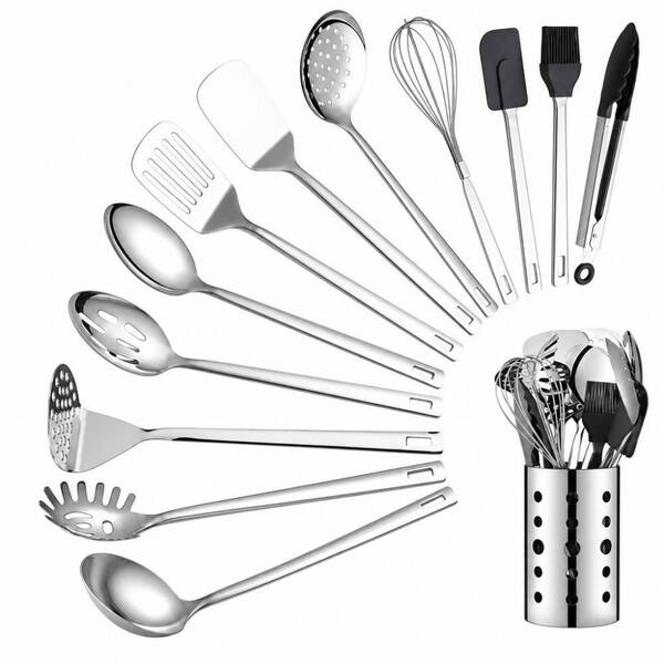 Silver Mirror Polish 13-Piece Kitchen Utensil Set, Stainless Steel Heat Resistant Cooking Tools with Storage Holder