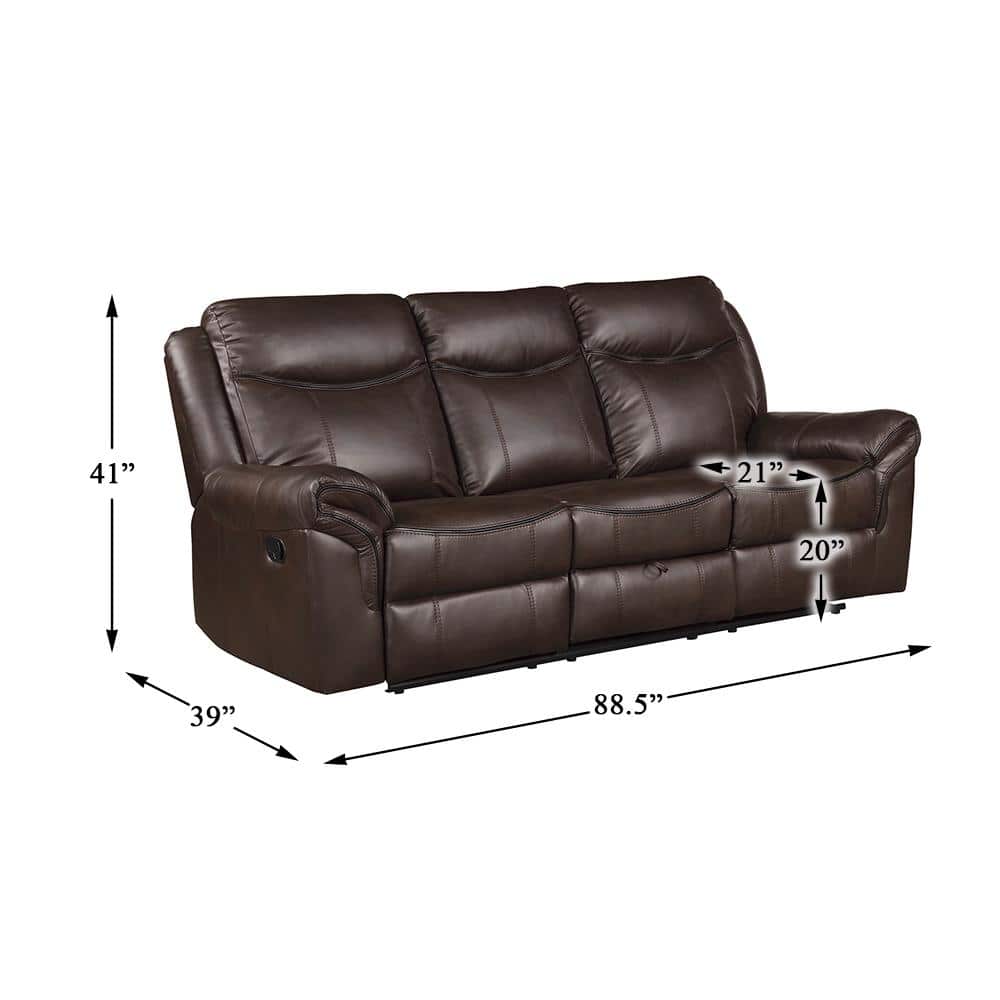 Dark Brown Faux Leather Reclining Sofa with Storage and Cup Holders