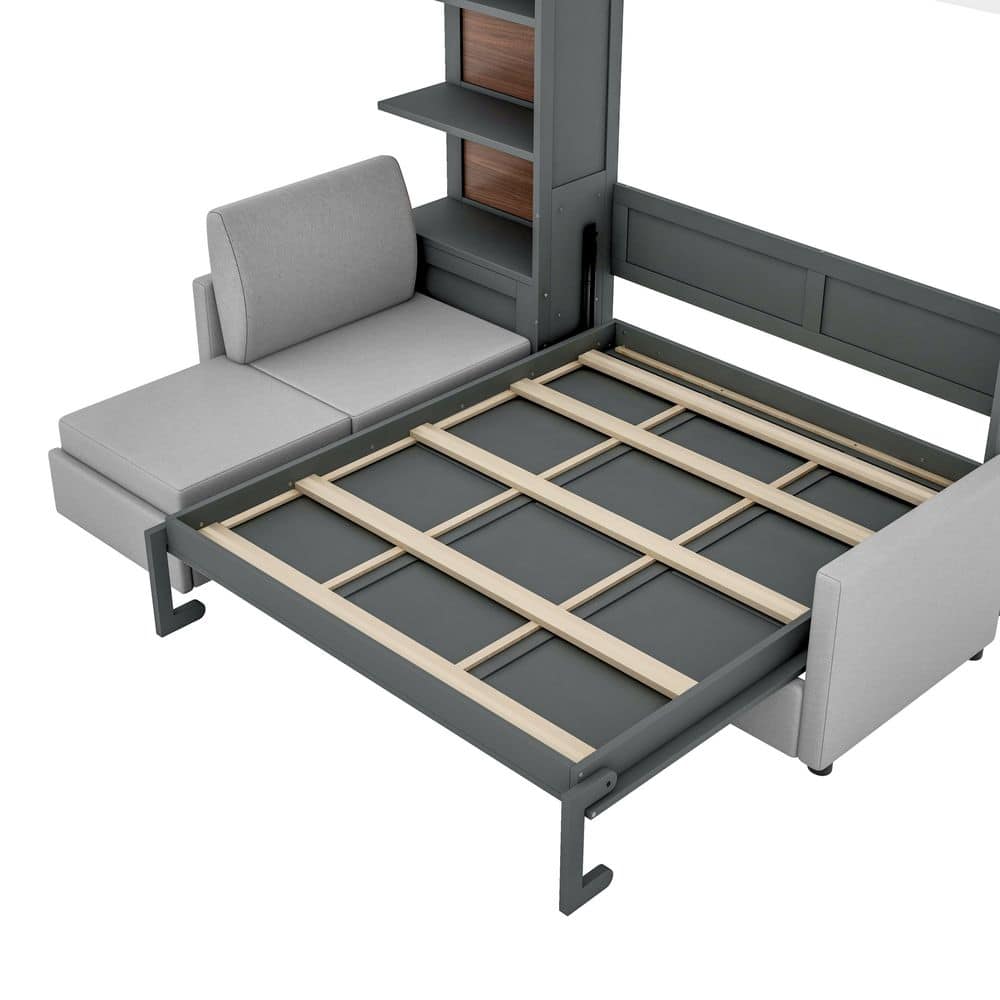 Gray Wood Frame Queen Size Murphy Bed Wall Bed with Sofa and Shelves - thumbnail 4