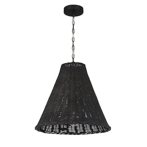 60-Watt 1 Light Black Cone Woven Pendant Light with Rattan Shade