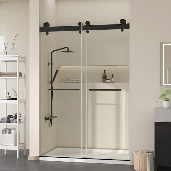 Hpeytaire 60 in. W x 78 in. H Double Sliding Door Frameless Corner Shower Enclosure in Matte Black with 5/16 in. Tempered Glass