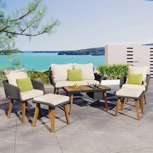 6-Piece Black Rope Outdoor Patio Conversation Set with Beige Cushions Acacia Wood Cool Bar Table Deep Seat with 2 Stools