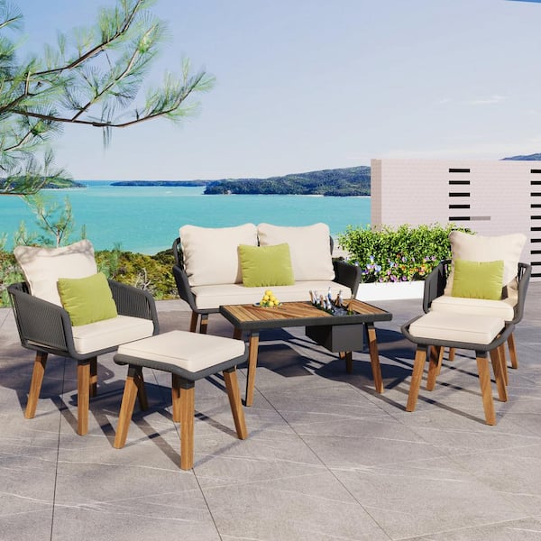 Unbranded 6-Piece Black Rope Outdoor Patio Conversation Set with Beige Cushions Acacia Wood Cool Bar Table Deep Seat with 2 Stools