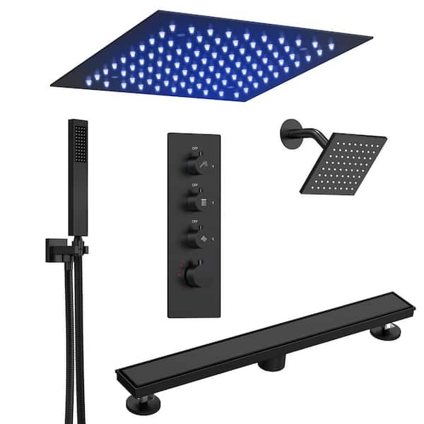 EVERSTEIN 7-Spray Square 12 in. Rain LED Shower System with 6 in. Shower Head Handheld in Matte Black 2.5 GPM with Shower Drain