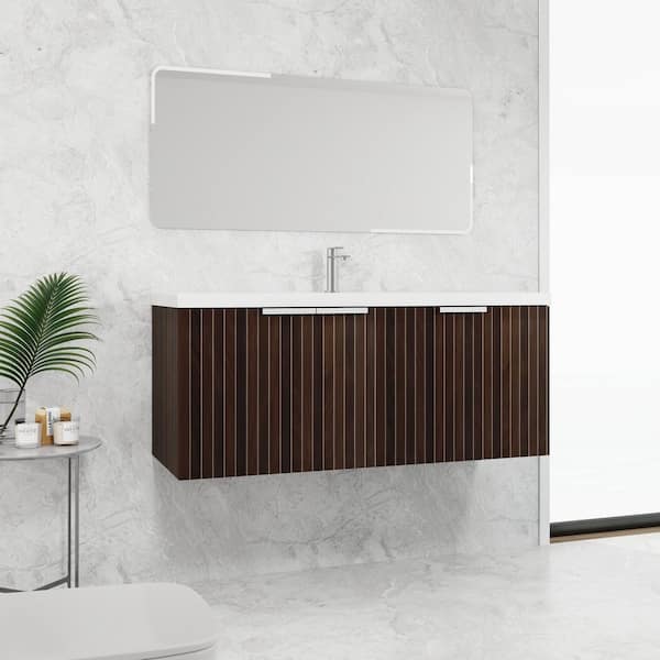 48 in. Single Sink Floating Brown Bath Vanity with White Resin Top, Ample Storage Space, 3 Doors