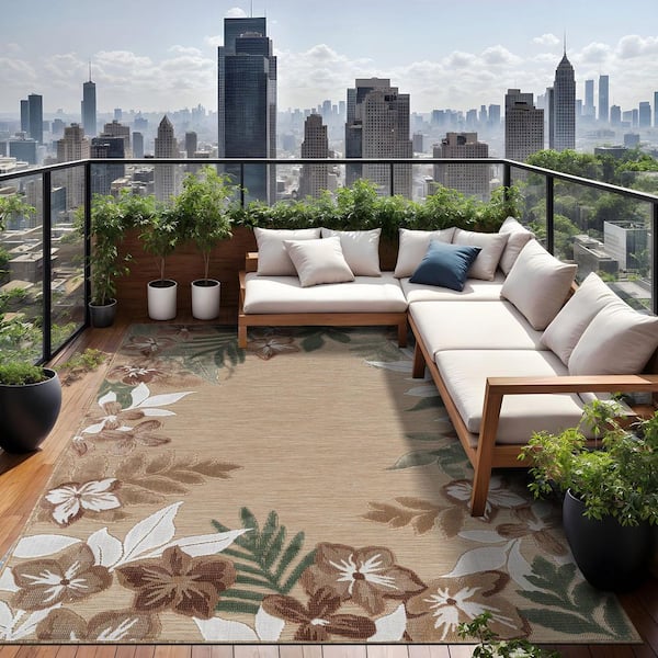 Eden 10 ft. x 14 ft. Beige  Washable Border Floral Indoor Outdoor Area Rug