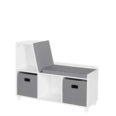 Kids White Storage Bench with Cubbies with 2pc Gray Bins