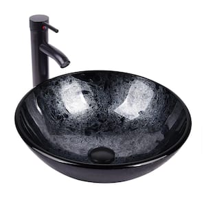 Gray Glass Round Vessel Sink with Hand-Made Pattern