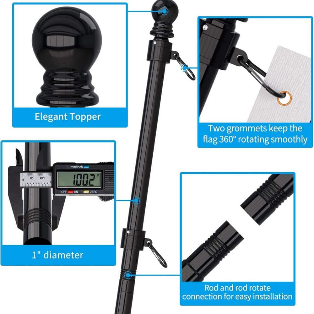 6 ft Black Stainless Steel Tangle-Free Flag Pole Kit with Bracket