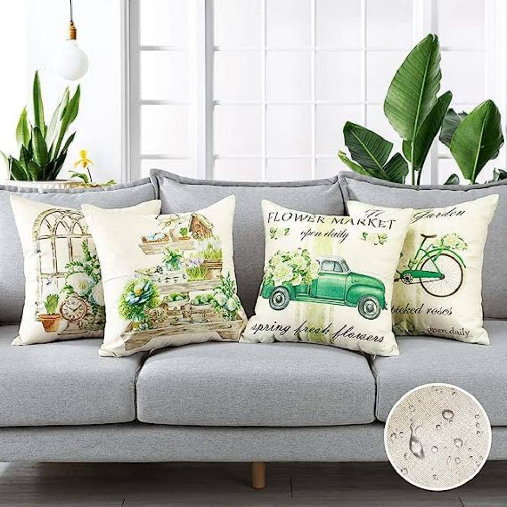 Green Garden Pattern Waterproof Outdoor Throw Pillow Covers, 18x18 Inches, Set of 4
