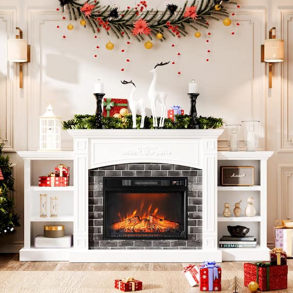 Vintage White Fireplace TV Stand Entertainment Center Fits TVs up to 90 in. with Courtly Style