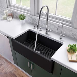 Black Matte Fireclay 33.13 in. Single Bowl Farmhouse Apron Workstation Kitchen Sink