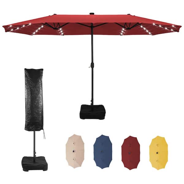AURA OUTDOOR 15 ft. Extra Large Patio Umbrella with Base Solar Lights Market Umbrella Double Sided in Red