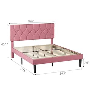 Upholstered Bed, Pink Metal Frame Full Platform Bed with Wood Slat Support, No Box Spring Needed Bed Frame