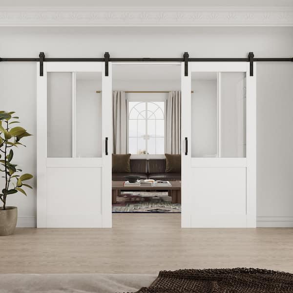 72 in. x 80 in. 1/2-Lite Tempered Clear Glass White Primed Solid Core MDF Sliding Barn Door with Hardware Kit