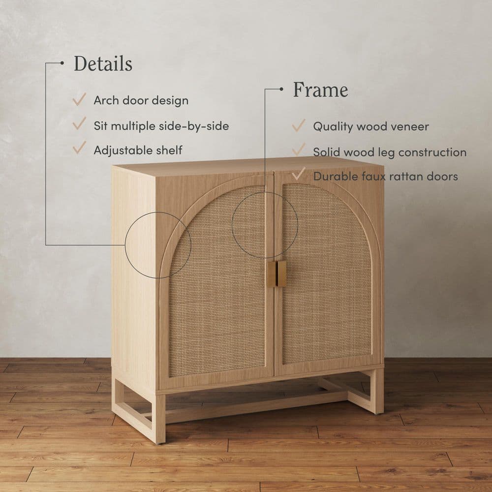 Raw Oak Freestanding Accent Cabinet with Rattan Doors