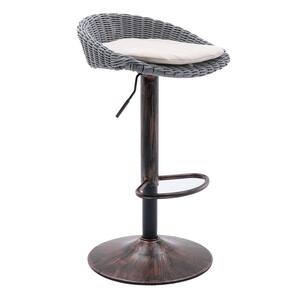 35 in. Low Back Anti-Bronze Metal Frame Adjustable Outdoor Bar Stool with Rattan Light Gray Cushioned Seat (Set of 2)