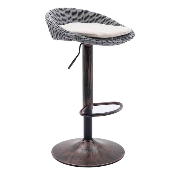 HOMEFUN 35 in. Low Back Anti-Bronze Metal Frame Adjustable Outdoor Bar Stool with Rattan Light Gray Cushioned Seat (Set of 2)