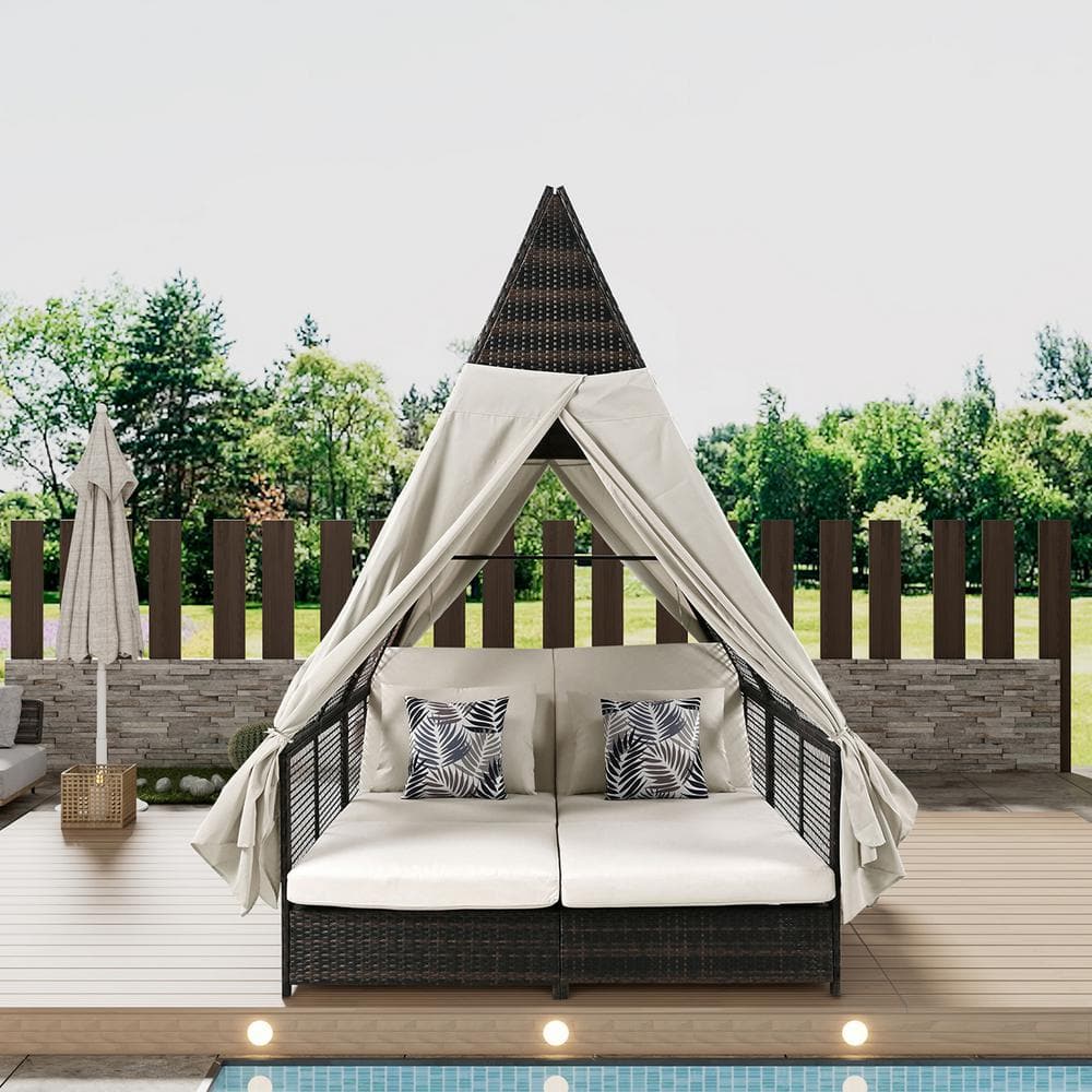 PE Wicker Outdoor Day Bed Patio Lounge Bed with Curtains, Adjustable Backre
