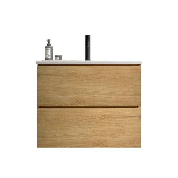 INSTER TINA 24 in. W Single Sink Wall Mount Oak Bath Vanity with White Ceramic Top Sink with Single Hole