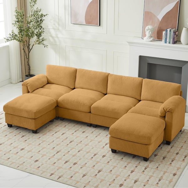JEAREY 114.96 in Corduroy Modular U-Shaped Yellow Sectional Sofa with 2-Ottomans for Living Room and Spacious Space