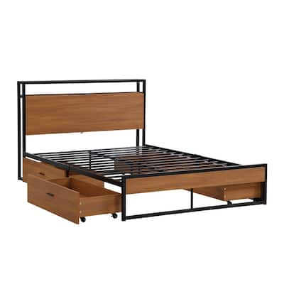 62.00 in. W Black Metal Frame Full Platform Bed with 4 Drawers, Sockets, USB Ports and Slat Support