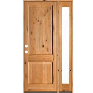56 in. x 96 in. Rustic Knotty Alder Square Top Right-Hand/Inswing Glass Clear Stain Wood Prehung Front Door with RFSL