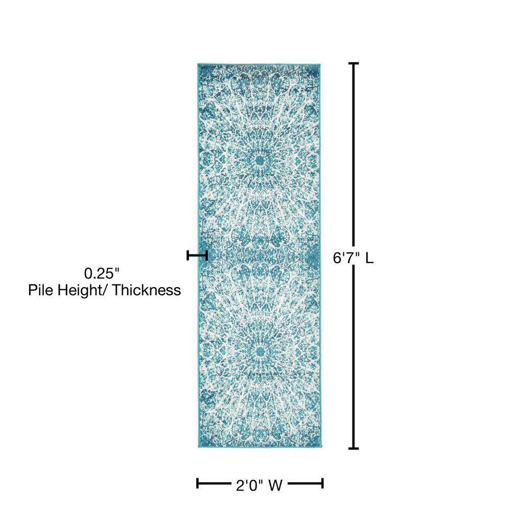 Turquoise and White Synthetic Reversible Runner Rug