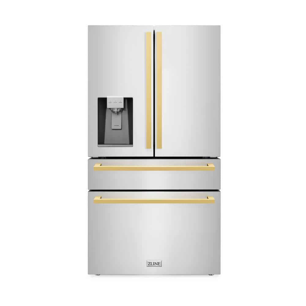 ZLINE Kitchen and Bath Autograph Edition 36 in. 4-Door French Door Refrigerator w/ Ice and Water Dispenser in Stainless Steel and Polished Gold