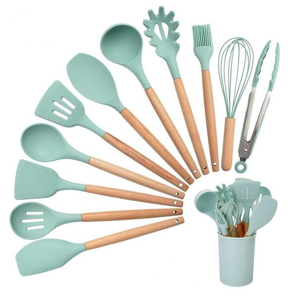 11Pcs Silicone Cooking Utensil Set Wooden Handle Heat Resistant with Holder in Light Green