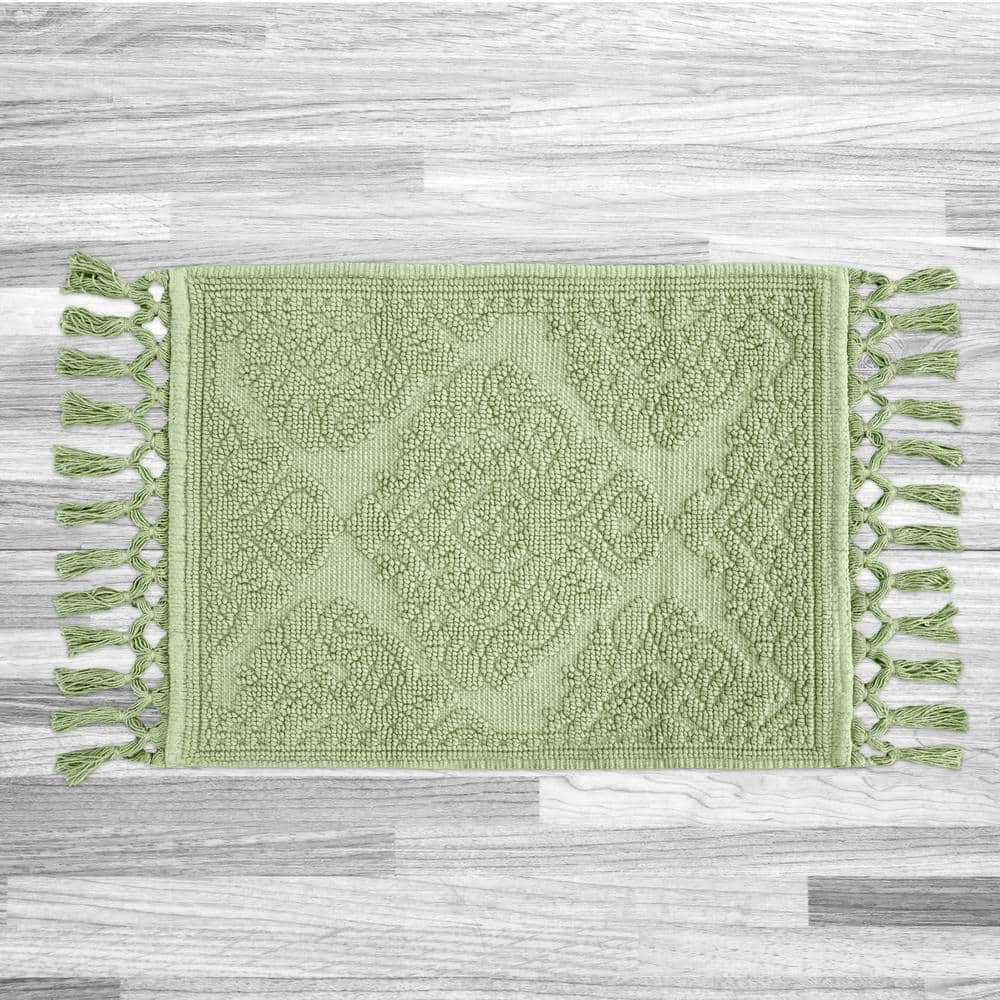 Sage Green Cotton Fringe Geometric Bath Rug 21 x 41 in