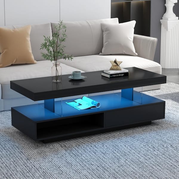 Unbranded 51.2 in. W x 19.7 in. D x 17.9 in. H Black Linen Cabinet with LED Coffee Table, 2-Drawers for Living Room