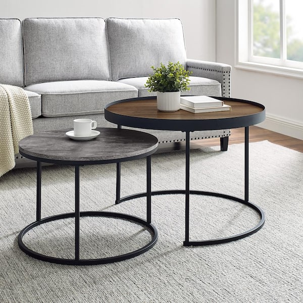 Nesting Tables Welwick Designs 2-Piece 30 in. Brown/Gray Medium Round Wood Coffee Table  Set with Nesting Tables-HD8360 - The Home Depot