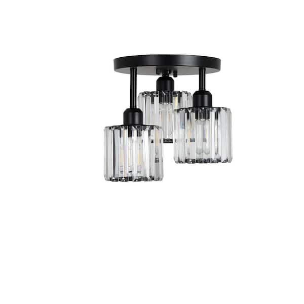 10.6 in. W 3-Light Black Semi Flush Mount Ceiling with Clear Crystal Shades, E26, No Bulbs Included