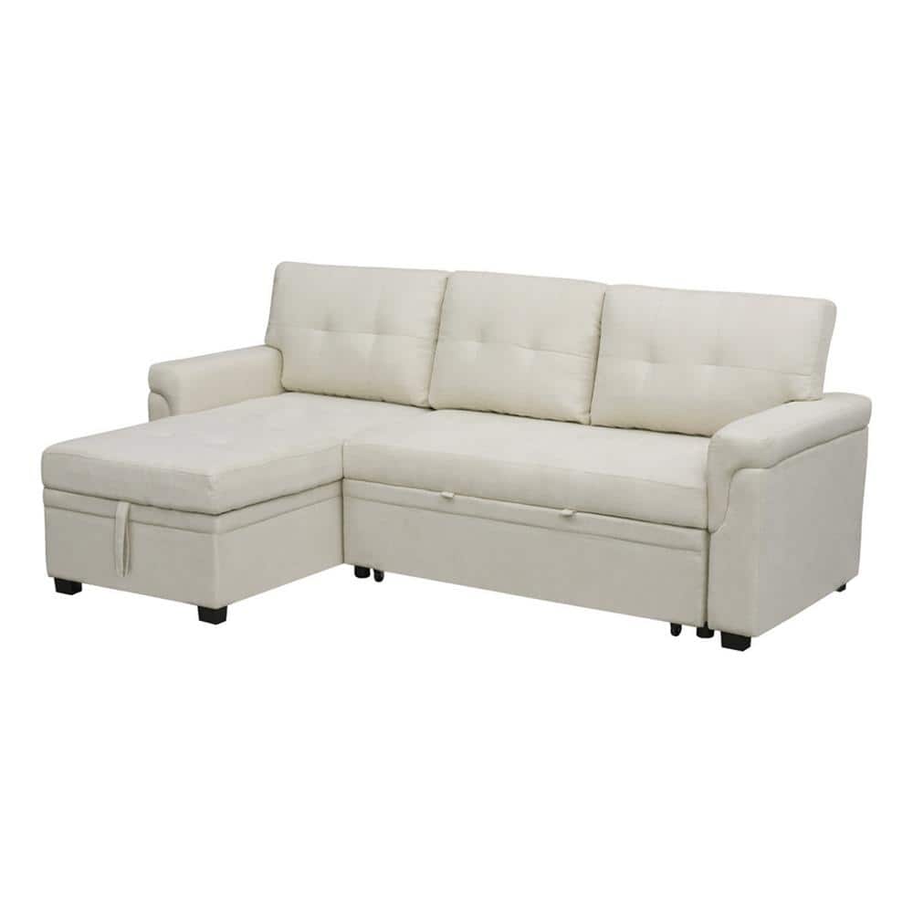 HOMESTOCK Cream Tufted Sectional Sofa Sleeper with Storage Twin Size ...