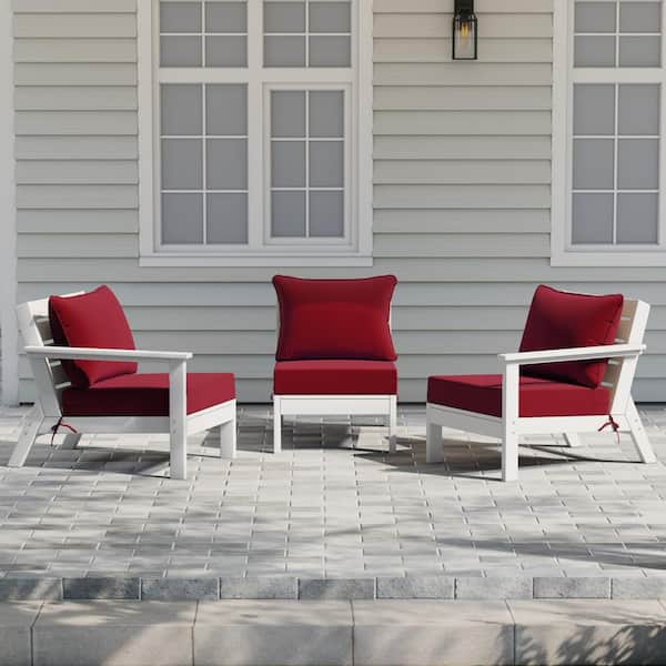 Birchwood White Arrangeable 3-Piece HDPE Deep Seating Outdoor Patio Conversation Sofa Arm Chair Set w/ Red Cushions
