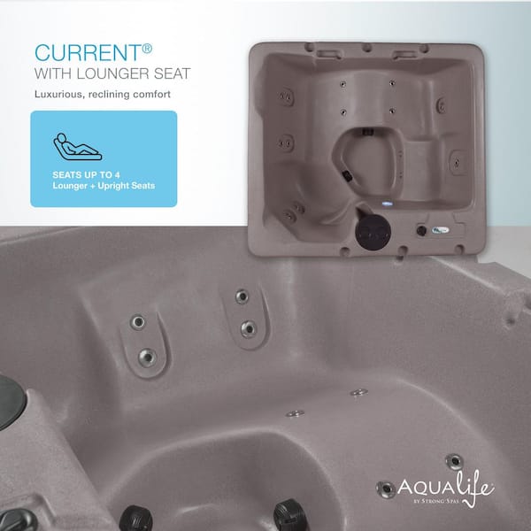 Current 14-Jet 120 V Hot Tub, Seats 3-4, 3 Passive Therapy Seats Plus Full Body Massage Lounger, Millstone