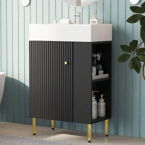 21.6 in. Single Sink Freestanding Black Bath Vanity with White Ceramic Top and Right Side Storage Unassembled