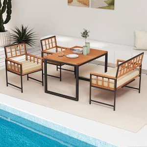 Natural 4-Piece Acacia Wood Outdoor Dining Set with Beige Cushions