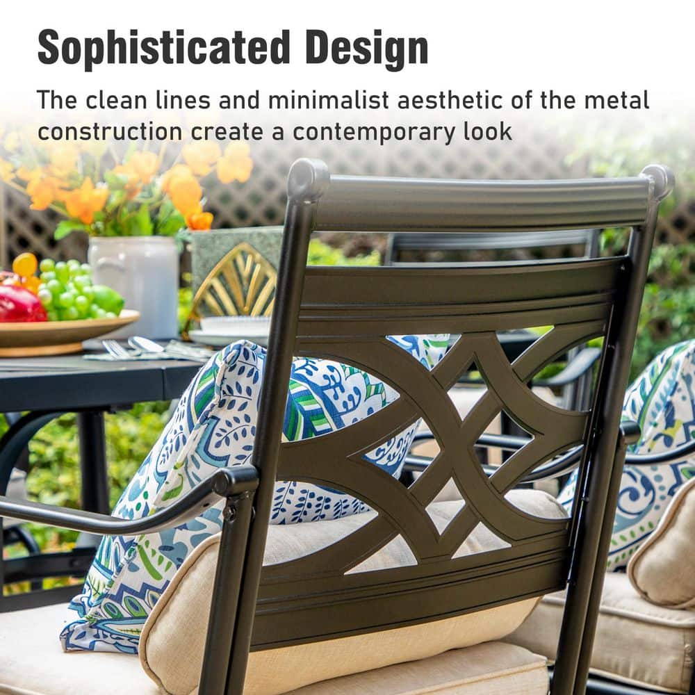 Black Steel Arm Dining Chairs with Beige Cushions, Set of Two