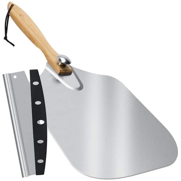 Silver Aluminum Pizza Peel with Storage Bag, 17 Inch Foldable Metal Pizza Paddle with Wood Handle & Rocker Cutter