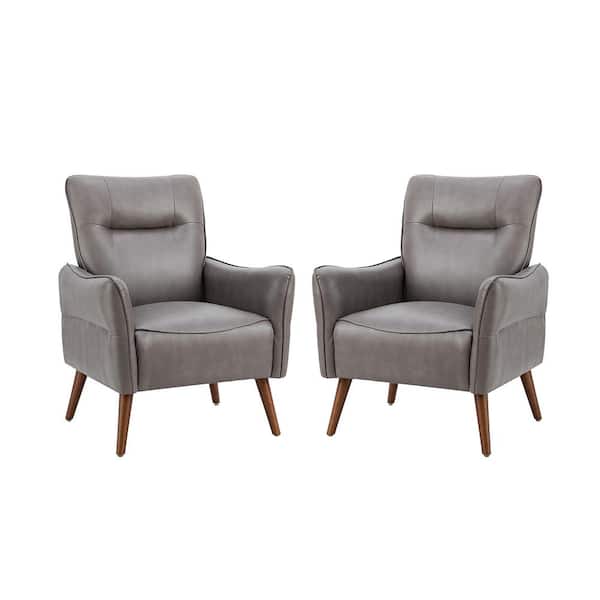 JAYDEN CREATION Zuri Vegan Leather Grey Armchair with Solid Wood Legs (Set of 2)