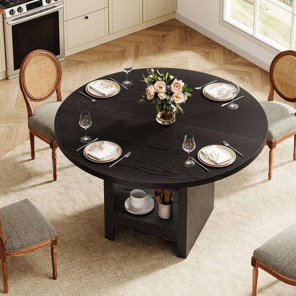 HOMMPA 48" Round Dining Table With Storage - 2-Layer Shelf & Wood Slide Door, Dark Walnut, For Kitchen, Dining Room