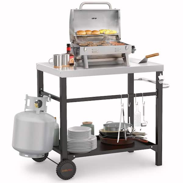 onlyfire Double Shelf Grill Cart Movable Dining Cart Work Table with Handle Outdoor Kitchen Prep Trolley Storage, Stainless Steel