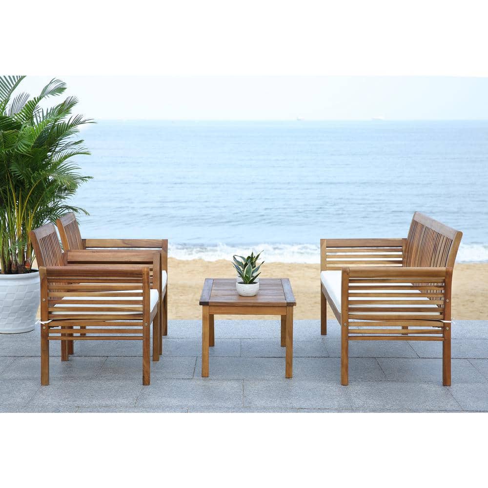 Transitional Acacia Wood 4-Person Outdoor Patio Set in Natural Beige