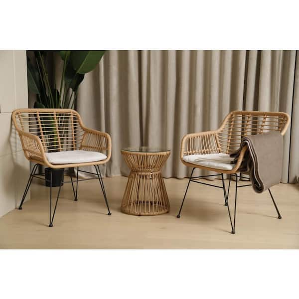 AUTMOON Beige 3-Piece Wicker Round Outdoor Bistro Set with Beige Cushions