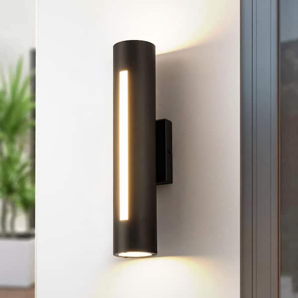 Beaupre 30W Modern Black Cylinder Outdoor LED Wall Sconce with Center and Up/Down Lighting