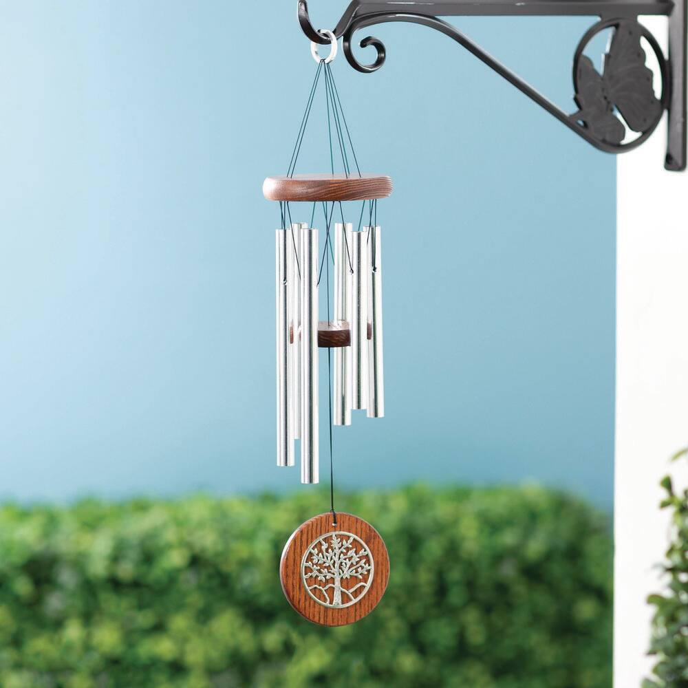 Teak and Silver Tree of Life Wind Chime, 17"