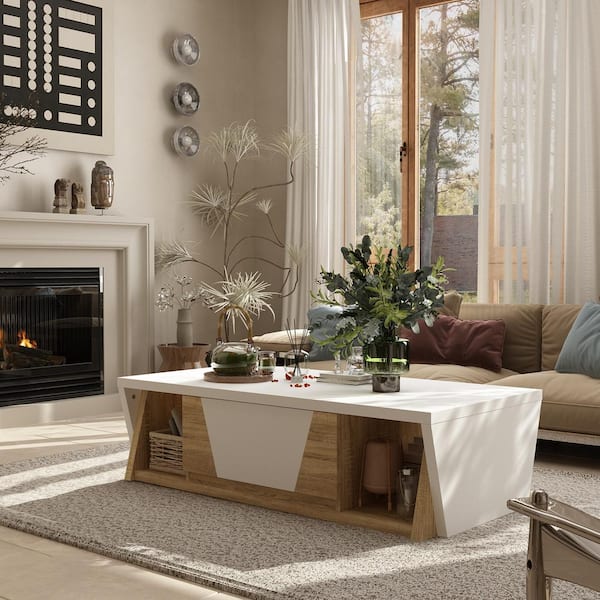 FUFU&GAGA 47.2 in ., Length White Rectangle Wooden Coffee Table with Drawers, Open Shelves