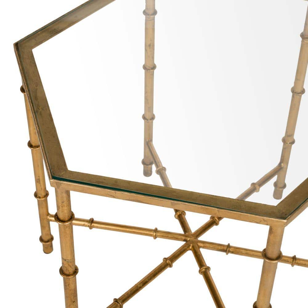 Gold Faux Bamboo Metal and Glass Accent Table